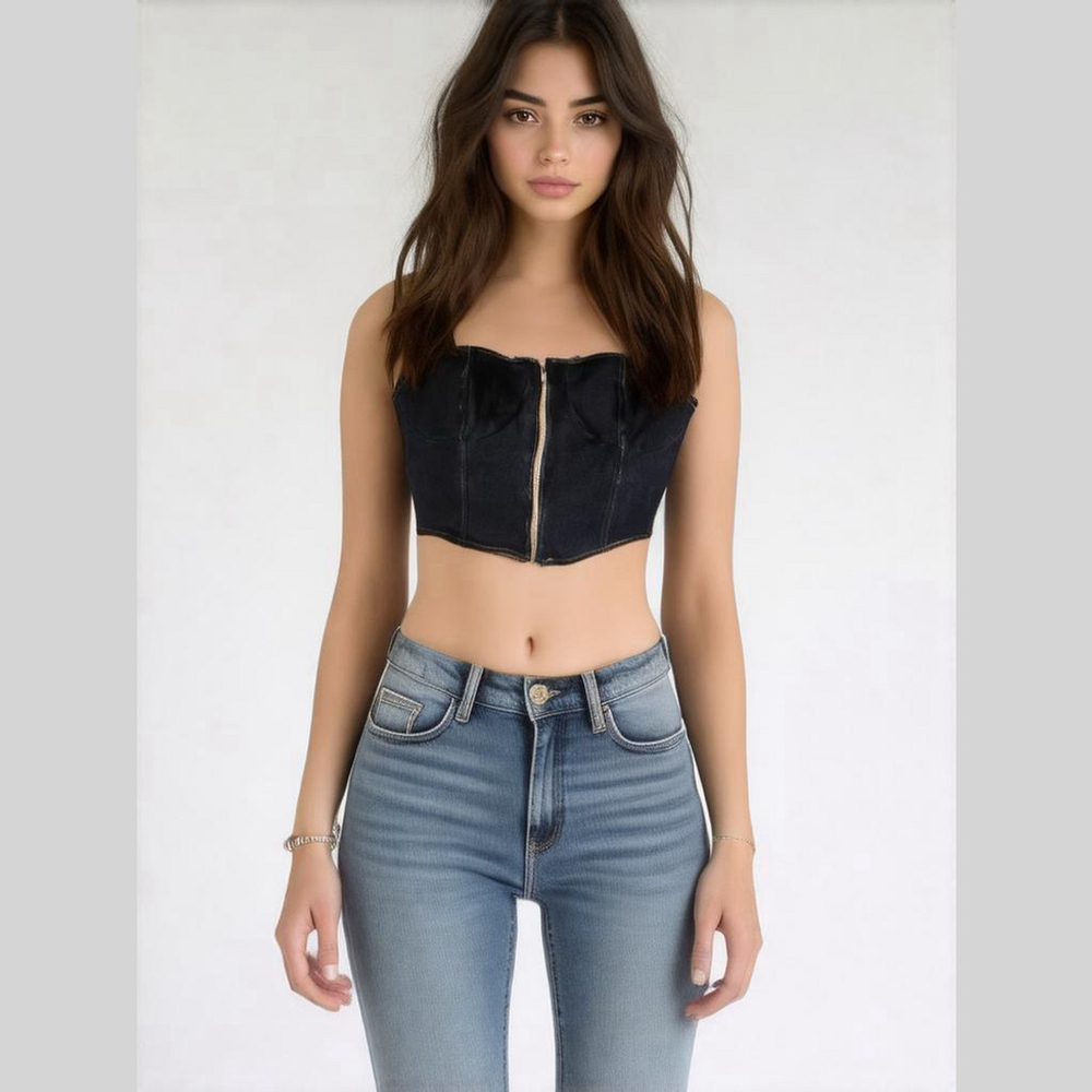 Nasty Gal Black Denim Corset Bustier Top Zip Front Size 6